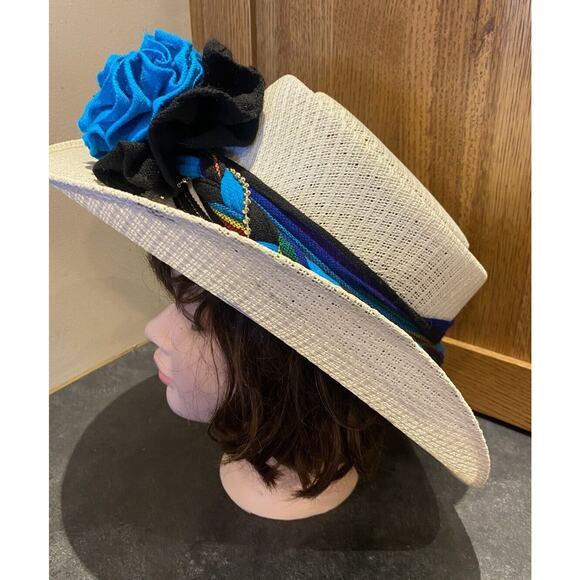 VTG Mexico Straw Fashion Cowboy Women’s Hat Turquoise Flower Black Band Fit 7 - Picture 1 of 10